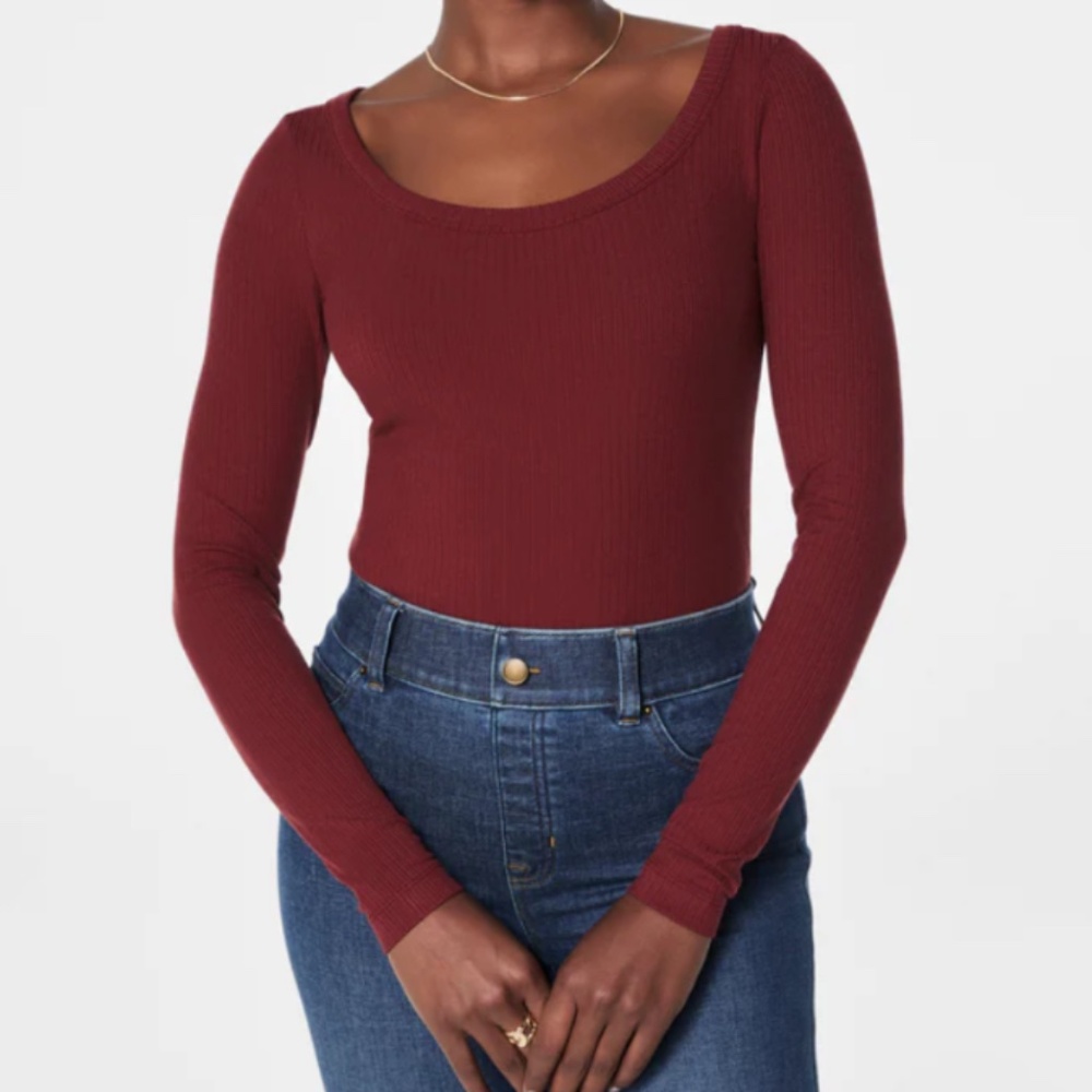 NWT SPANX Women's Red Stretch Rib Scoop Neck Long Sleeve Tee ~ Ladies Size Large